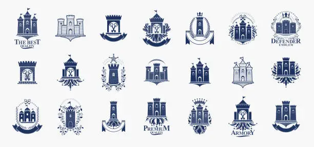 Vector illustration of Castles logos big vector set, vintage heraldic fortresses emblems collection, classic style heraldry design elements, ancient forts and citadels.