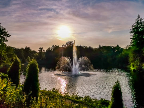 городской парк berg en bos в apeldoorn, нидерланды, красивый фонтан и красочное солнечное небо - apeldoorn стоковые фото и изображения