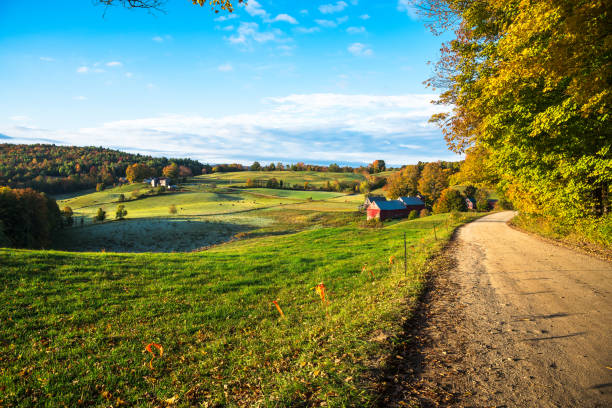 Beautiful autumnal rolling rural landscape at sunrise Rolling autumnal landscape at sunrise with a gravel contry road leading to a farm with a traditional red barn. Beautiful autumn colours. Woodstock, VT, USA. woodstock stock pictures, royalty-free photos & images