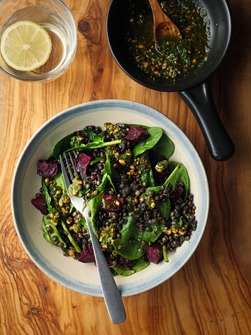 Home made freshness roasted beetroot with green lentils,baby spinach and hazelnut bowl