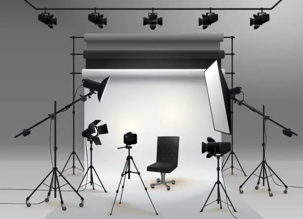 Vector illustration of Photography studio vector. Photo studio white blank background with soft box light, camera, tripod, chair and set of backdrop. Vector illustration. Isolated on white background.