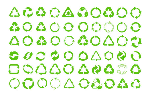 illustrations, cliparts, dessins animés et icônes de mega ensemble d'icône de recyclage. paquet vert d'icône de flèche de recyclage et de rotation. éléments web de conception plate pour le site web, application pour les matériaux d'infographie. illustration de vecteur écologique. isoler sur le fond bl - recyclage