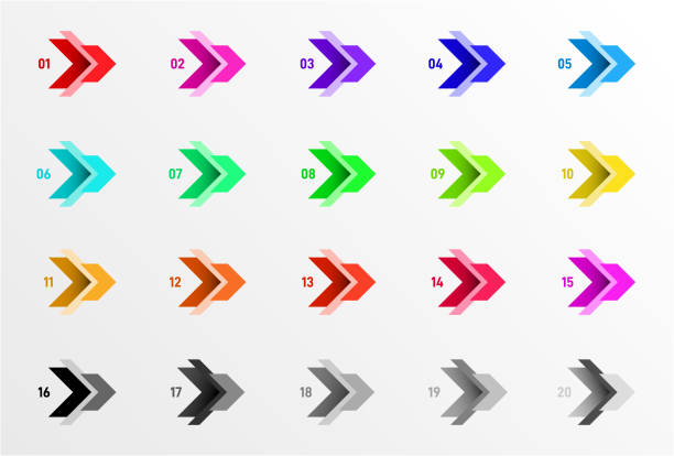 Set of Colorful direction number bullet points from 1 to 20. Simple abstract elements. Geometric vector illustration. Isolated on white background. Set of Colorful direction number bullet points from 1 to 20. Simple abstract elements. Geometric vector illustration. Isolated on white background. setter athlete stock illustrations