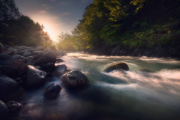 istock beautiful sunrise over fast flowing mountain river 1193390138