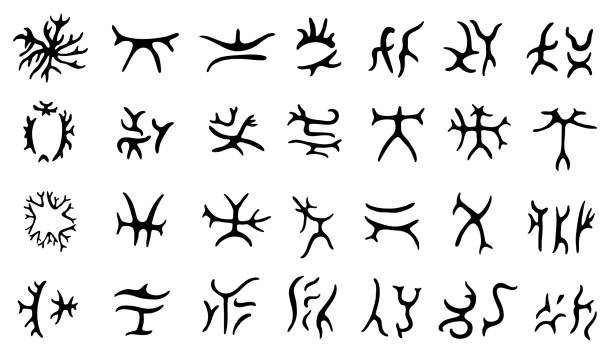Set of hand drawn lichen glyphs , ancient magical symbols for divination. Set of hand drawn lichen glyphs , ancient magical symbols for divination, occult symbols, on white. Vector illustration. rune stone stock illustrations