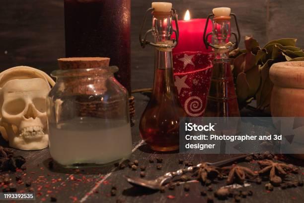 Potion Of Natural Herbs For Black Magic Stock Photo - Download Image Now - Alchemy, Ancient, Antique