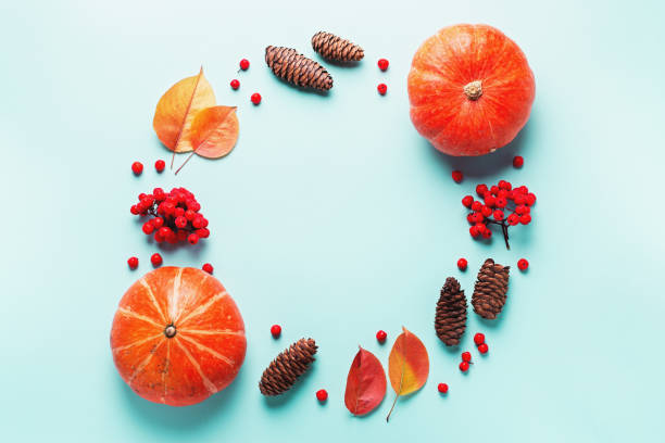 istock Autumn frame with leaves, rowan berries, orange pumpkins, pine cones on pastel background, flat lay. Fall, thanksgiving concept. Lay out with autumn leaves and plants in fall colors, copy space 1193395687