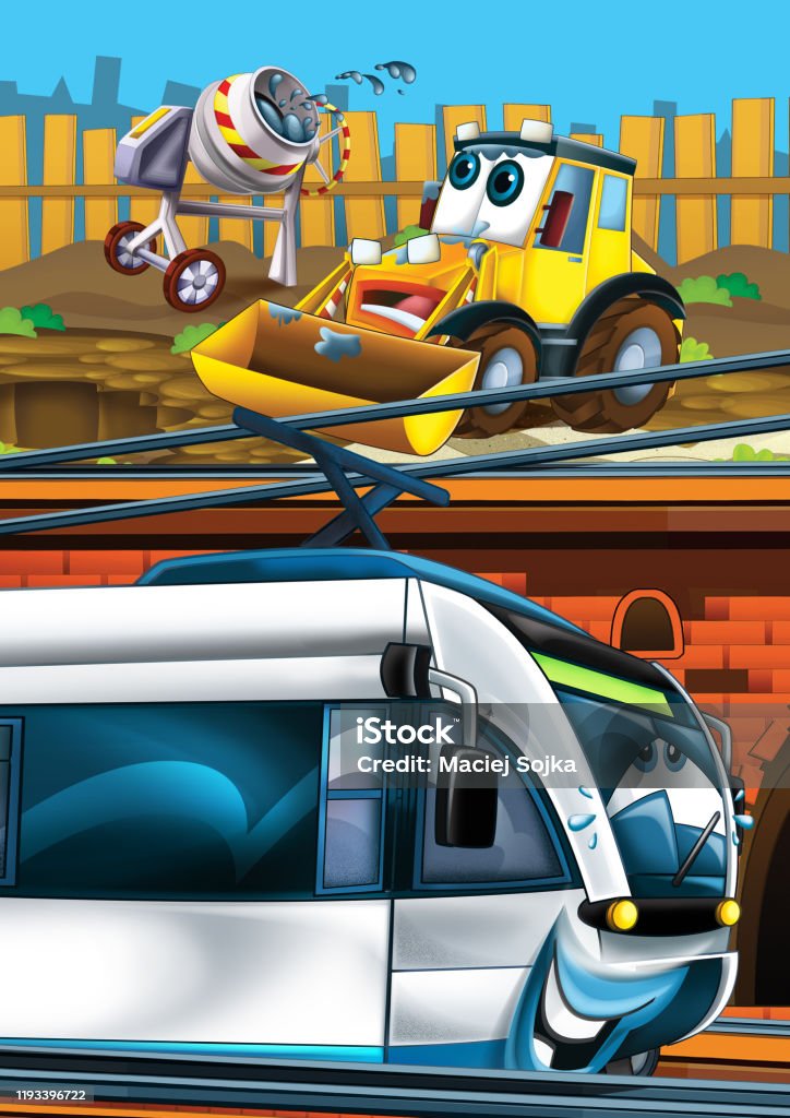 Cartoon Funny Looking Train On The Train Station Near The City And  Excavator Digger Car Driving Stock Illustration - Download Image Now -  iStock