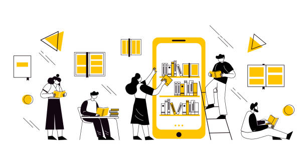 ilustraciones, imágenes clip art, dibujos animados e iconos de stock de concepto de biblioteca de libros en línea. ilustración gráfica vectorial con personajes leyendo libros en línea en el smartphone. - biblioteca