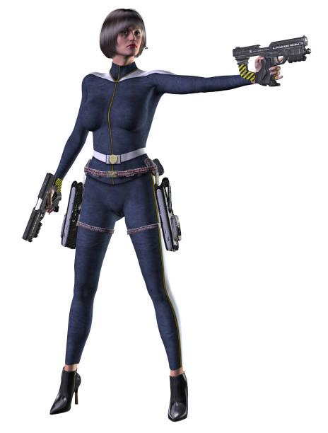 istock futuristic Warrior woman armed with guns, 3d illustration 1193401574