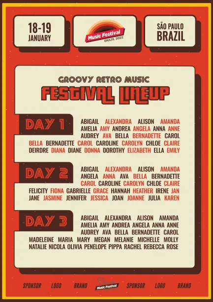 Vector illustration of Groovy Red and Orange Vintage Retro Music Festival Lineup Poster for Live Event