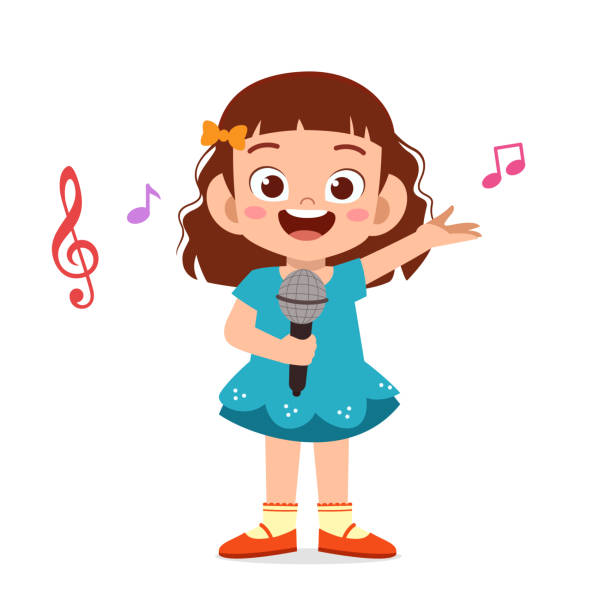 ilustraciones, imágenes clip art, dibujos animados e iconos de stock de chica niña linda feliz cantar una canción - musical theater child violin musical instrument