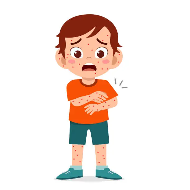 Vector illustration of sad cute kid boy get measles ill