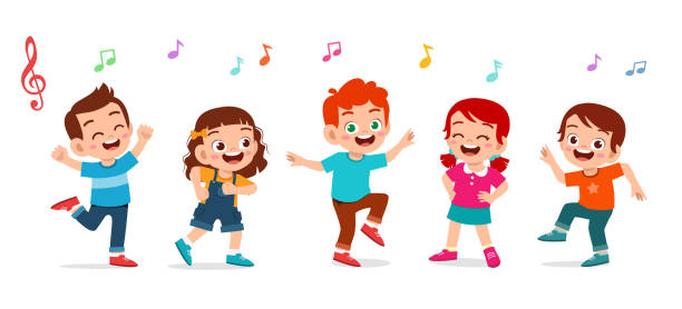ilustraciones, imágenes clip art, dibujos animados e iconos de stock de niños lindos felices chico y niña bailan juntos - musical theater child violin musical instrument