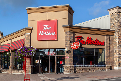 Niagara Falls, Ontario, Canada - September 3, 2019: A Tim Hortons in Niagara Falls Clifton Hill, Ontario, Canada. Tim Hortons is a Canadian-based multinational fast food restaurant opened in 1964.
