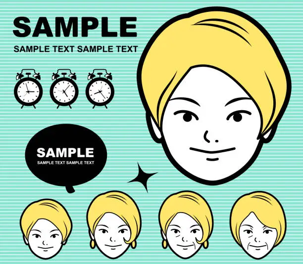 Vector illustration of Aging process of a beautiful young girl (emoticon, face)