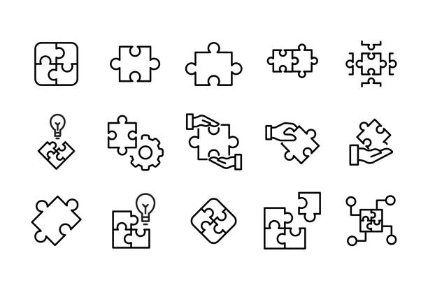 illustrazioni stock, clip art, cartoni animati e icone di tendenza di set di soluzioni icone della linea del tratto. - puzzle