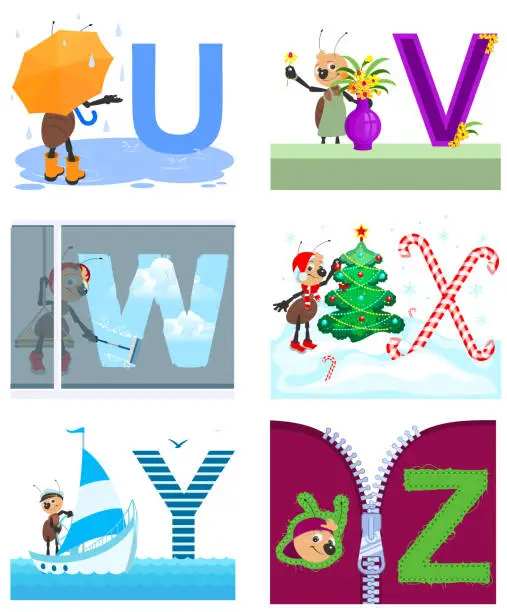 Vector illustration of English alphabet letters for learning umbrella, window, xmas, yacht, vase, zip lock