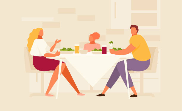 Family dinner flat illustration Family eating at the kitchen table. Dinner and leisure activities illustration eating illustrations stock illustrations