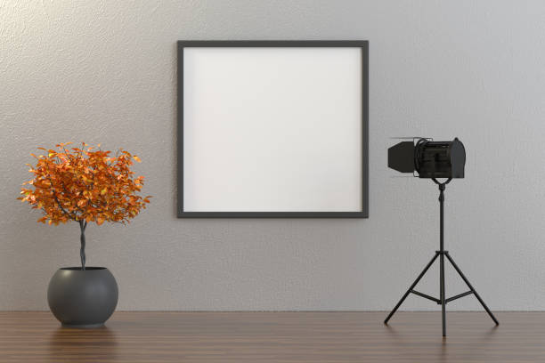istock 3D Indoor, living room, flower and empty frame on concrete wall 1193450194
