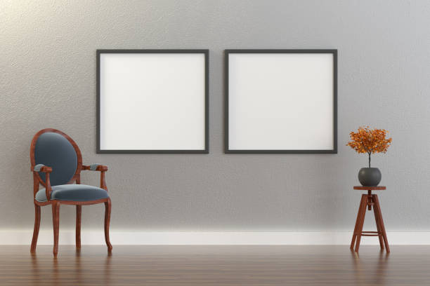 istock 3D Indoor, living room, armchair and empty frame on concrete wall 1193450352