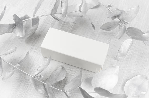 istock Exquisite white blank closed rectangle gift box mock up on wood board  decorations silver branch side view for design, branding identity,  presentation. 1193453962