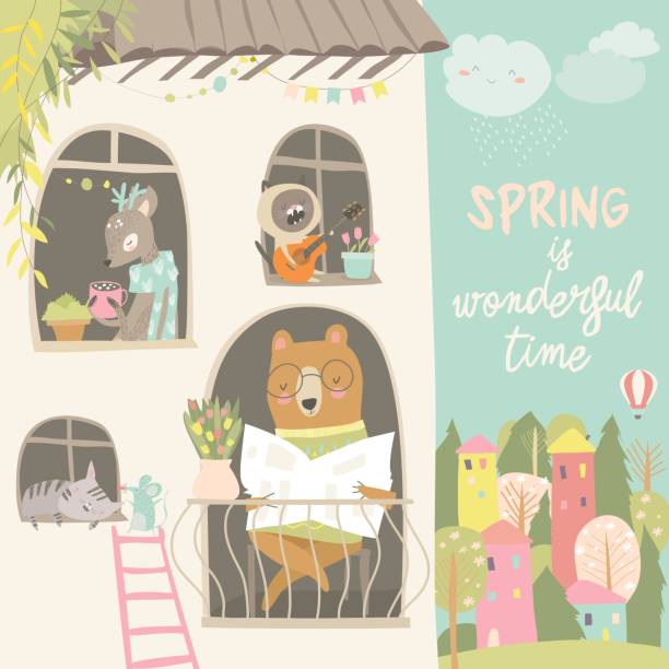 ilustraciones, imágenes clip art, dibujos animados e iconos de stock de los animales lindos miran por las ventanas. hola primavera - caricaturas de ratones