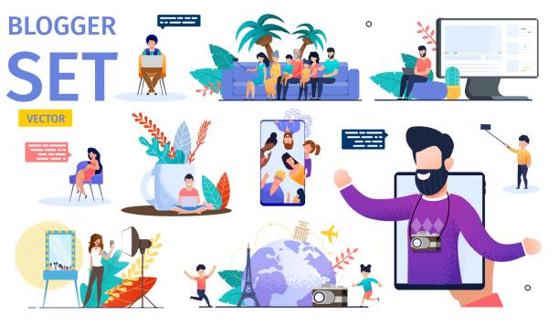 Modern Video Blogger Flat Vector Characters Set Female and Male Video Bloggers Trendy Flat Vector Characters Set. Young Men, Women and Children Making Mobile Video, Filming Beauty Vlog, Working on Laptop, Streaming Video Content Online Illustration selfie illustrations stock illustrations