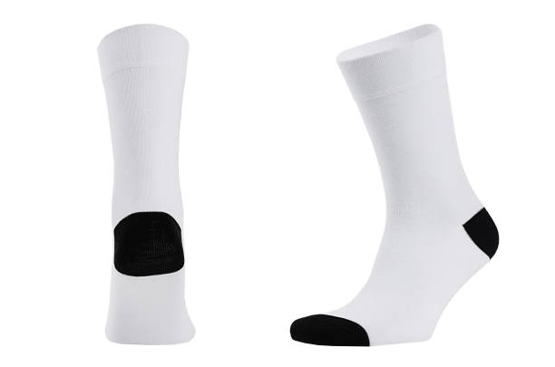 istock Blank white cotton long sock with black heel on  invisible foot isolated on white background as mock up for advertising, branding, design, back and side view, template. 1193457930