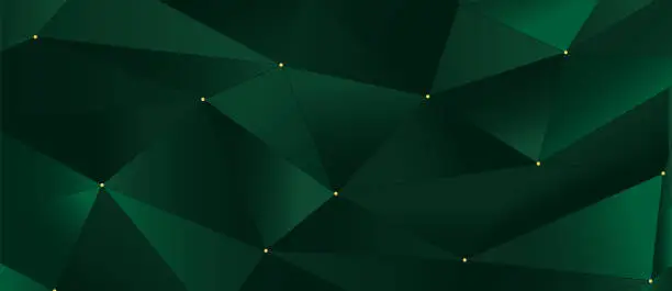 Vector illustration of Abstract deep green 3d background with polygonal pattern, little golden dots, dark outline lines.