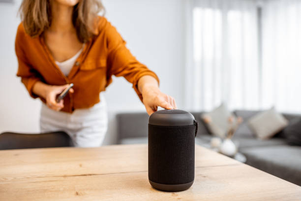 istock Woman with smart wireless column at home 1193468205