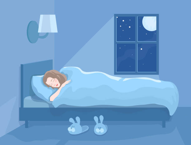 Woman sleeping at night in her bed. Lady cartoon character. Beautiful happy girl lying under the blanket Vector illustration. Woman sleeping at night in her bed. Lady cartoon character. Beautiful happy girl lying under the blanket Vector illustration. bedroom clipart stock illustrations