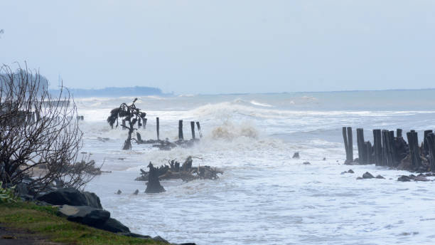 vue du temps pluvieux de mer sur la tempête cyclonique tropicale très sévère bulbul qui a frappé le bengale occidental et le bangladesh causant l'onde de tempête et l'inondation éclair à travers la zone côtière d'île. bakkali inde - storm tide tide wave high tide photos et images de collection