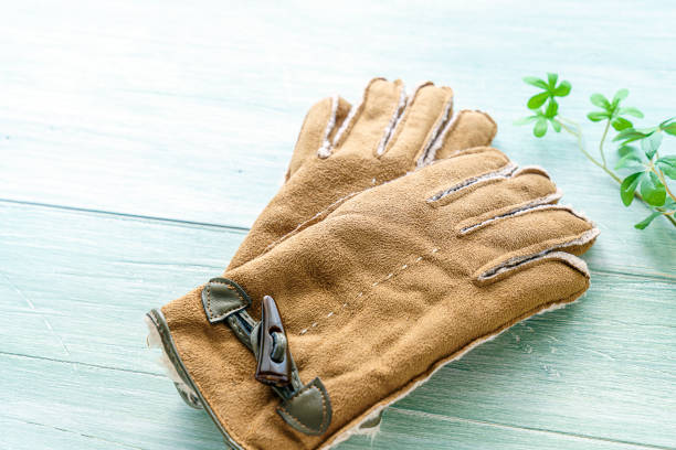 istock Suede gloves on wooden background 1193474547