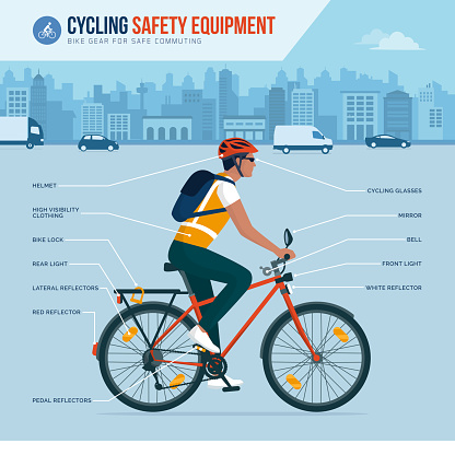 Cycling safety equipment and gear for safe commuting in the city, vector infographic