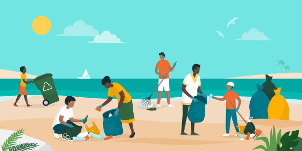 People cleaaning up the beach and removing trash People volunteering together and cleaning up the beach, they are collecting and separating waste, environmental protection concept black trash bin stock illustrations