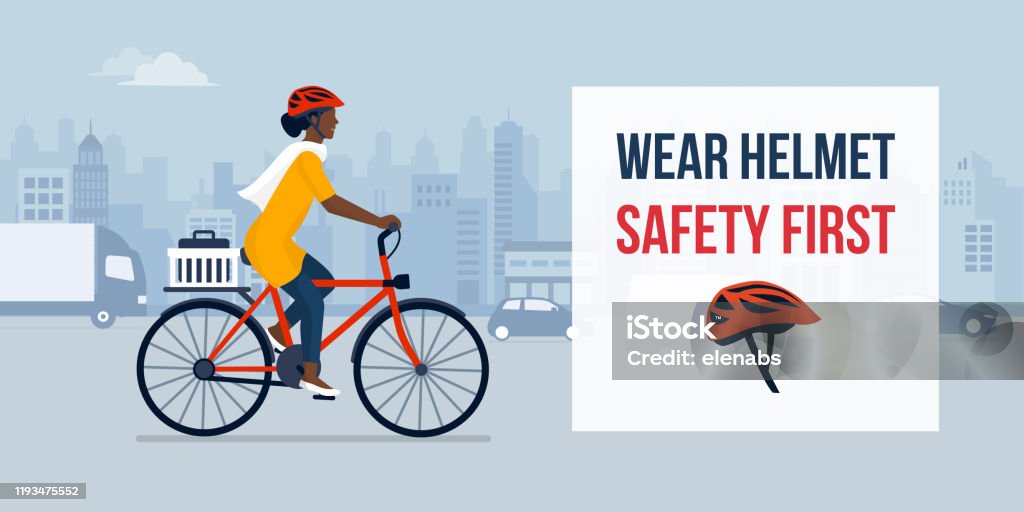 Wear helmet for your safety Wear helmet when riding a bike, woman cycling in the city street wearing a helmet, safety concept Cycling stock vector