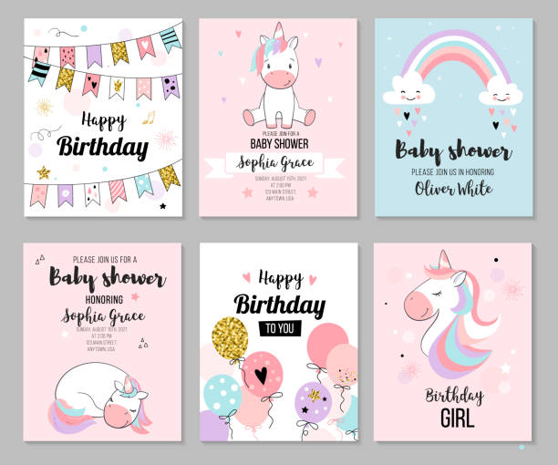 Baby shower invitation. Baby shower invitation and happy birthday greeting card set with cute unicorns. Vector illustration, hand drawn style. pony stock illustrations
