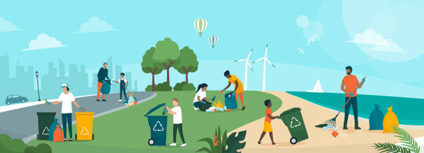 ilustrações de stock, clip art, desenhos animados e ícones de people cleaning planet earth and building a better future - man energy turbine