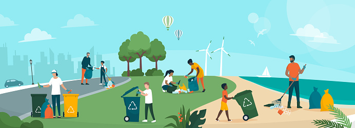 People cleaning planet earth and building a better future together: they are collecting and separating waste in the city street, in a park and at the beach, environmental protection concept