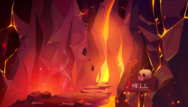 Road to hell, infernal hot cave with lava and fire Road to hell, infernal hot cave with lava and burning fire, path paved with rocks and randomly lying bones going to blazing entrance in wall and scull with signboard. Cartoon vector illustration building entrance illustrations stock illustrations