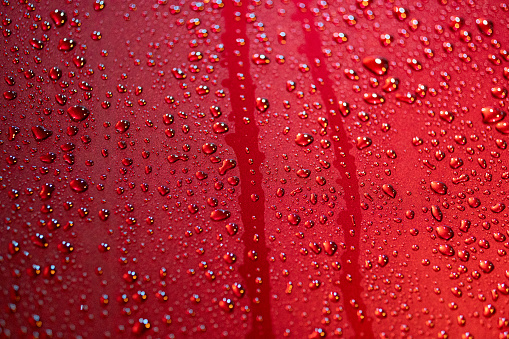 Droplets on red car bonnet
