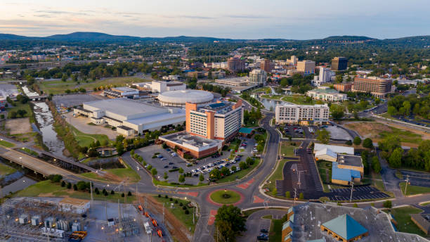 Dusk Over The Downtown Urban City Center of Huntsville Alabama Aerial perspective of the sleepy little big town city center of Huntsville Alabama deep south USA huntsville alabama stock pictures, royalty-free photos & images