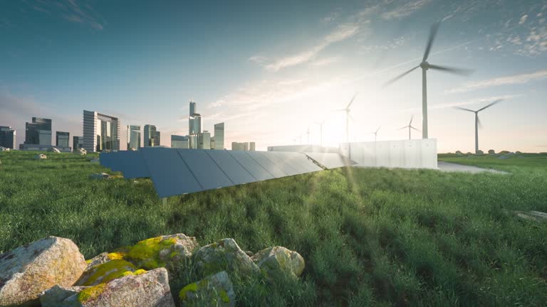 Future renewable energy solution for sustainable cities. Modern black frameless solar panels, battery energy storage facility, wind turbines and big city with skycrapers in background. 3d rendering.