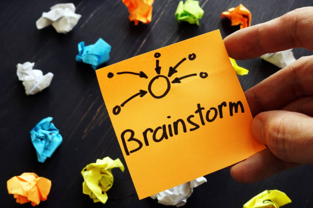 istock Man is holding yellow sheet with sign Brainstorm. 1193483962