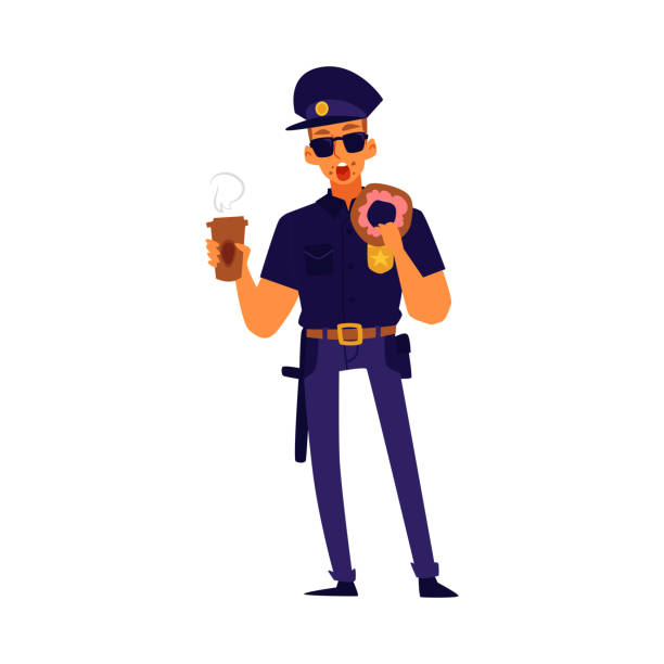 policjant jedzący pączka i trzymający filiżankę kawy. - humor badge blue crime stock illustrations