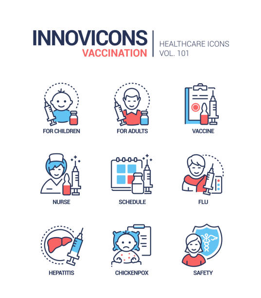 Vaccination - vector line design style icons set Vaccination - vector line design style icons set. Healthcare and disease prevention mobile app idea. For children, adults, vaccine, nurse, schedule, flu, hepatitis, chickenpox, safety images flu shot calendar stock illustrations