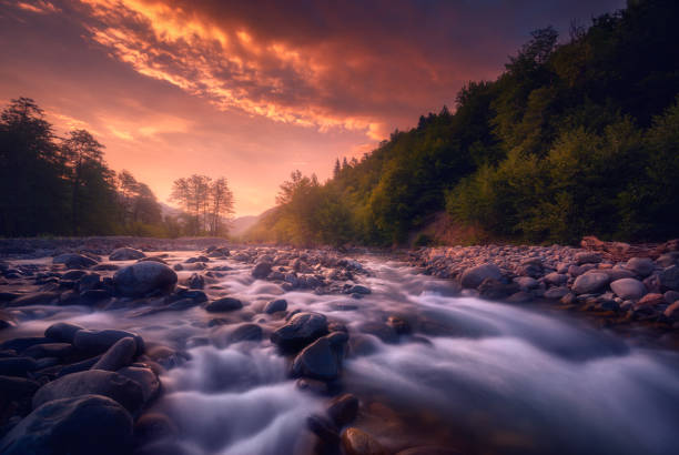 istock beautiful sunrise over fast flowing mountain river 1193485417