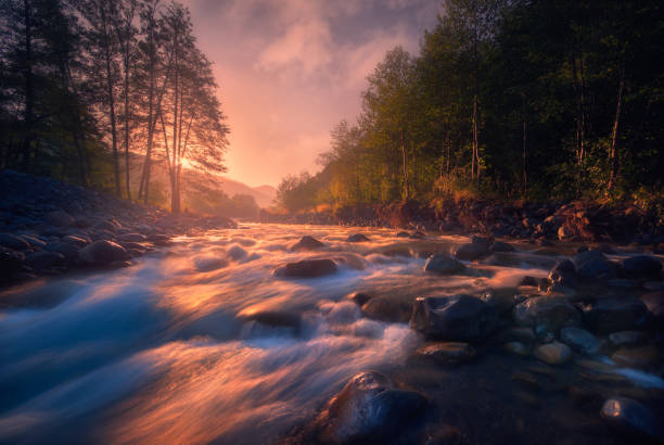 istock beautiful sunrise over fast flowing mountain river 1193485460