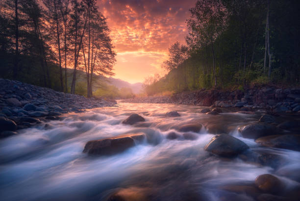 istock beautiful sunrise over fast flowing mountain river 1193485487